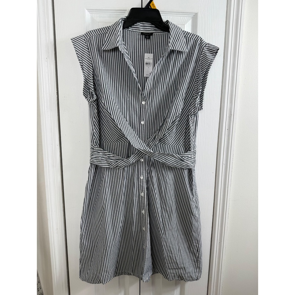 Ann Taylor Striped Twist Waist Shirtdress 12 Blue White Coastal Minimalist NWT